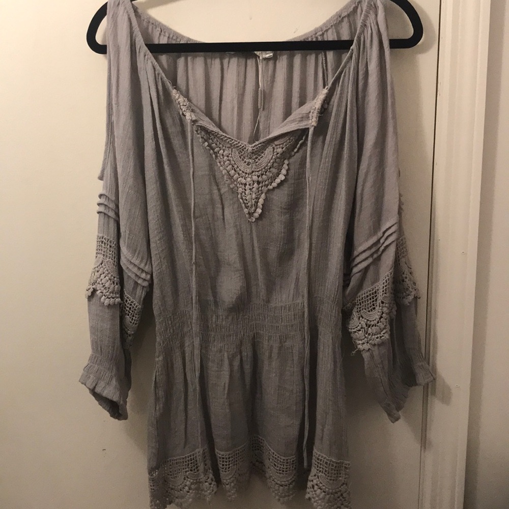 Solitaire Grey Tunic Top Open Shoulder with Lace Trim